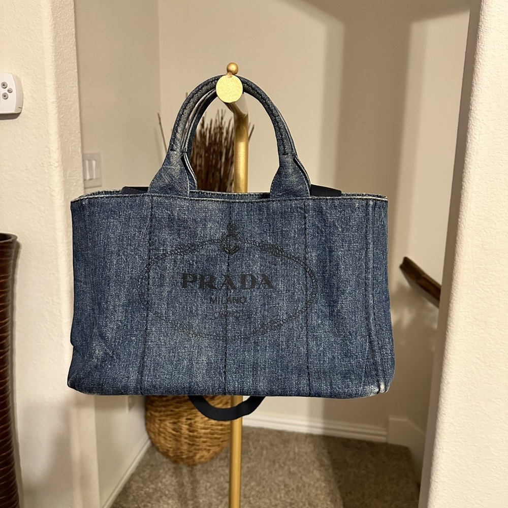 Authentic PRADA DENIM Vintage Canapa M 2-way Shoulder Hand Bag